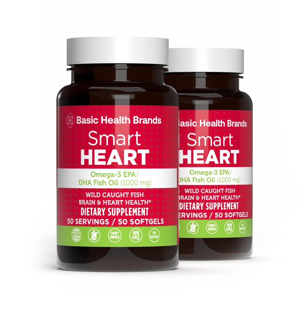 Põhibrändid Smart Heart Omega-3 Fish Oil 1000mg - Triple Strength EPA & DHA, Non-GMO, Heart & Cognitive Support - 50 Burpless Softgels - 2-Pack