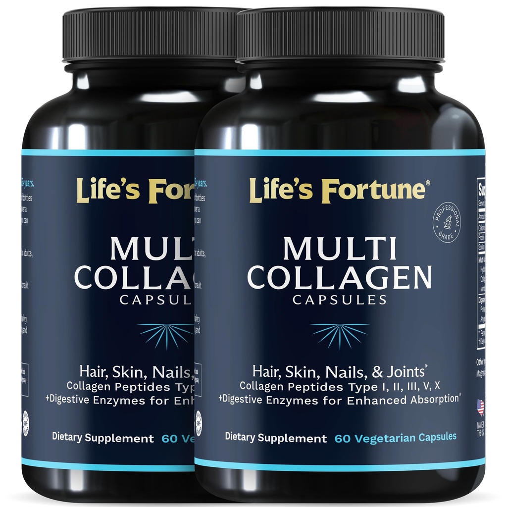 Multi kollageenpeptiidid tüüp I, II, III, V & X Hüdrolüüsitud valgukapslid - rohi-toit, segu seedeensüümiga - nahale, juustele, küüntele, liigestele ja soolestikule, maitsestamata (60 loend (2. pakk))