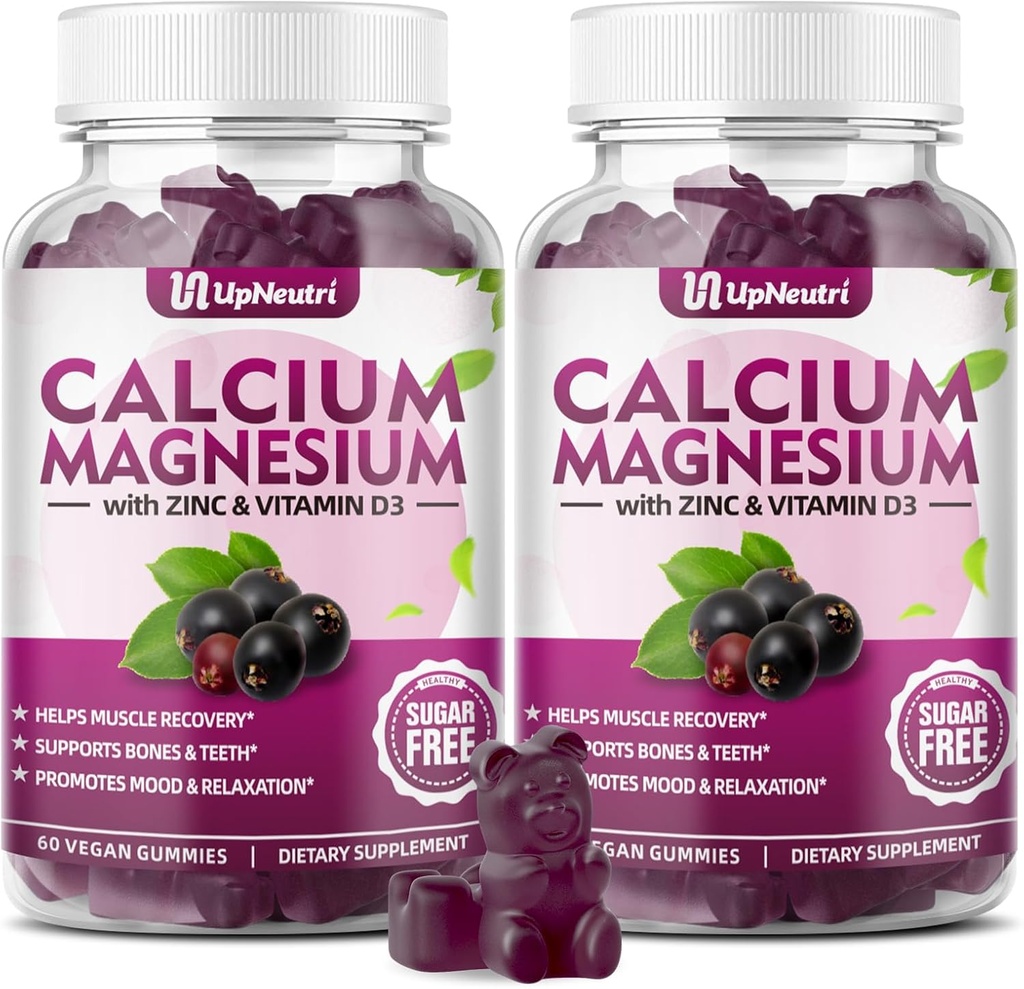 Kaltsiummagneesium tsink D3-vitamiini lisandiga, suhkruvaba kaltsiumkummid naistele meestele, kõrge imendumisega tsinkkummid luudele ja lihastele & immuuntervisele, Vegan Elderberry Maitse - 120 krahv