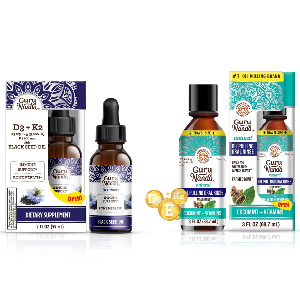 GuruNanda Black Seed Oil 5000 IU Vitamiin D3, K2 & E + Kookosõli Tõmbamine eeterlike õlidega Vitamiin D3, E, K2 immuunsüsteemi toetamiseks, suuhügieeni