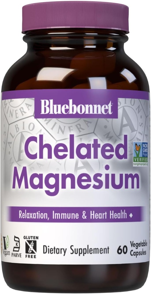Bluebonnet Nutrition Albion Kelaaditud Magneesium Taimne Kapsel, 200 mg, Stress Relief, Vegan, Non GMO, Gluteenivaba, Sojavaba, Piimavaba, Kosher, 60 köögiviljakapsel, 1 kuu tarnimine