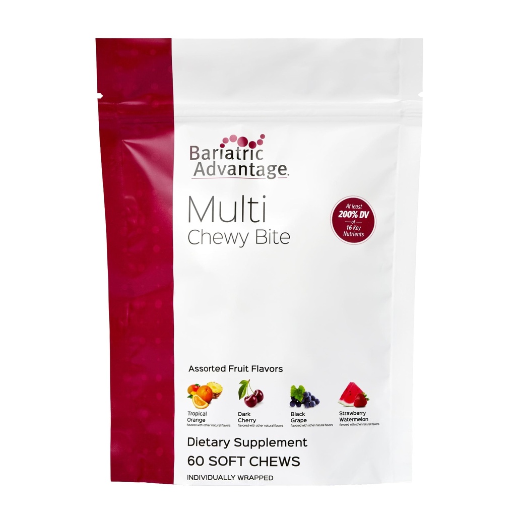 Bariatric Advantage Multi Chewy Bite - pehme närimismultivitamiin bariaatrilise kirurgia patsientidele - näritav multivitamiin foolhappega, vitamiin D3 & More - sorteeritud puuviljamaitse - 60 Count