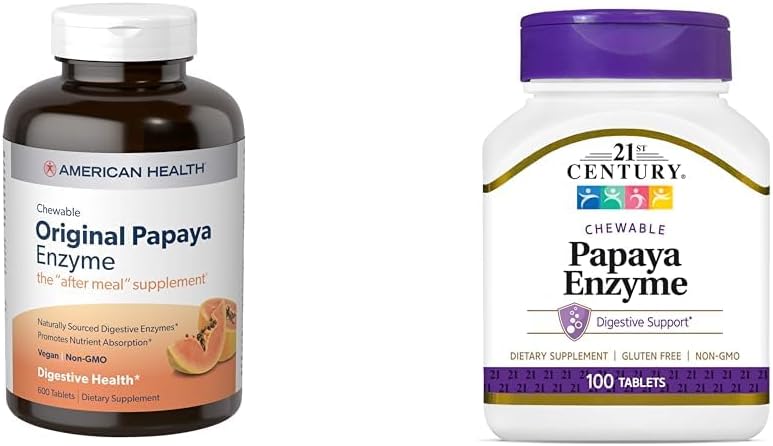 American Health Papaya Seedeensüüm närimistabletid 600 Count ja 21st Century Tropical Papaya Enzyme närimistabletid 100 Count Bundle