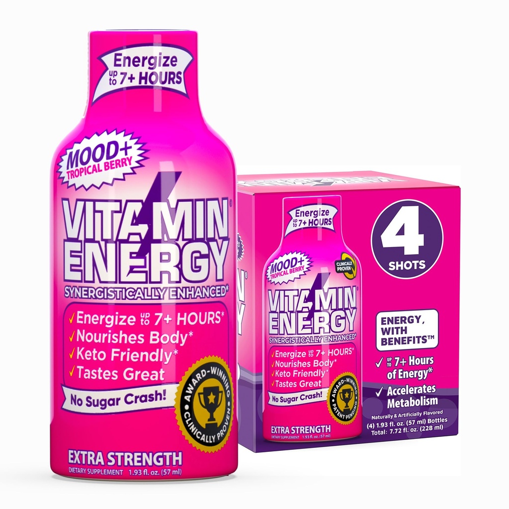 Vitamiinienergia Mood + Extra Tugevus Energia Shot Troopiline Berry 4 Pack, 260mg looduslik kofeiin, B-vitamiinid, rodiola, kummel, meeleolu ja energia toetus, null suhkur, Gluteenivaba, Vegan, 1.93 fl oz