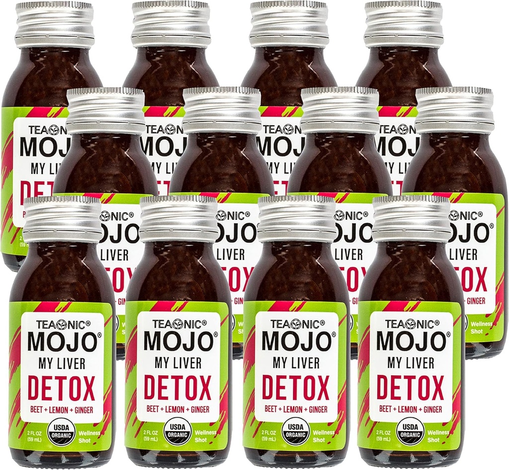Teaonic Minu Maks Mojo: Detox, Wellness Mojo Shots Black Pepper, Beet ja Sidrun Mahl, USDA-sertifitseeritud, Kofeiinivaba, Gluteenivaba, 2 Fl. Oz Iga, Pakend 12