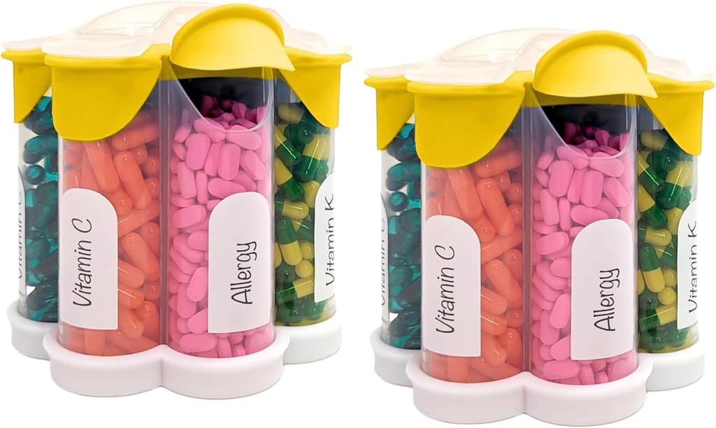 Extra Big Pill Korraldaja Igapäevane, Iganädalane, Igakuine Täiendus Pudel, Cute Blossom Pill Dispenser 7 XL Kompartments (2 Pack Combo) (Yellow 2 Pack)