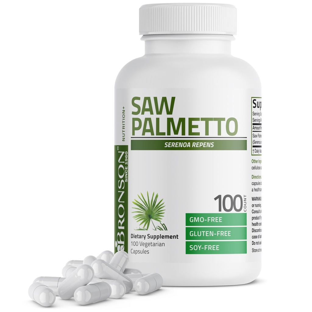 Bronson Saw Palmetto ekstra tugevus toetab tervislikku eesnäärme funktsiooni ja kuseteede tervisetoetust - mitte GMO, 100 taimekapslit