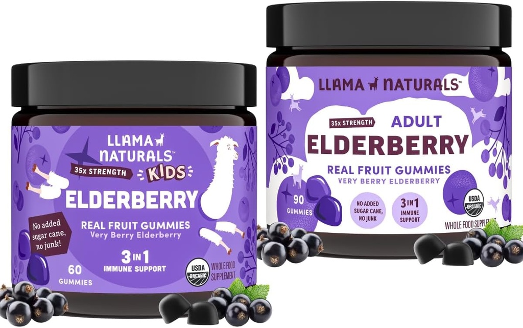 Llama Naturals Real Fruit Sambucus Elderberry Gummies for Kids & Adult | No Added Sugar Cane, Vegan, Organic Immune Support | Tsink & Natural Vitamiin C | Taim-Based, närimiskummies for Whole Fa