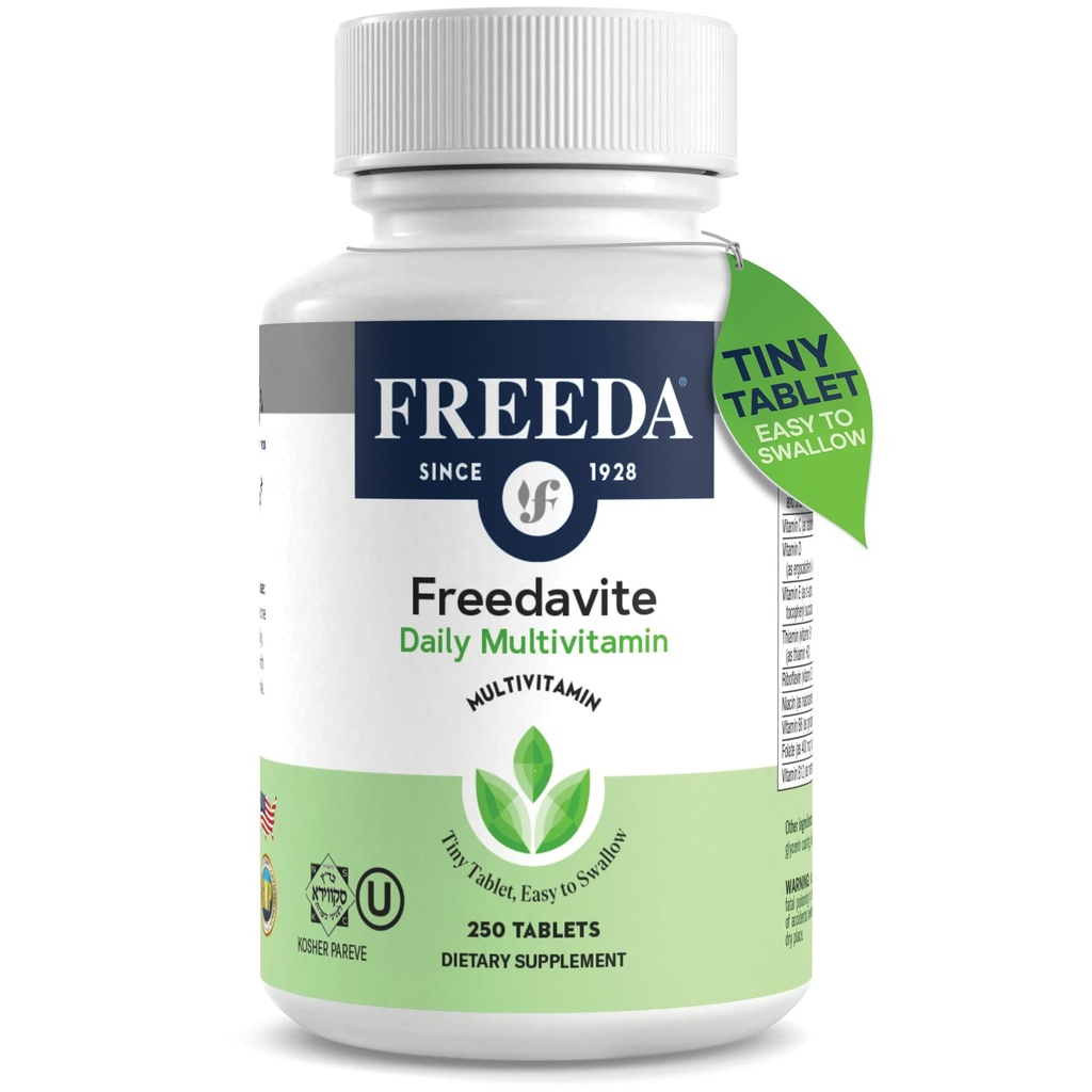 Freedavite väike tablett - Mõõdukas multivitamiin meestele ja naistele - puhas vitamiin A, C, D, E, B1, B2, B6, B12, biotiin, kaltsium, tsink, raud, magneesium, mangaan, vask, seleen, jood - 250 loend