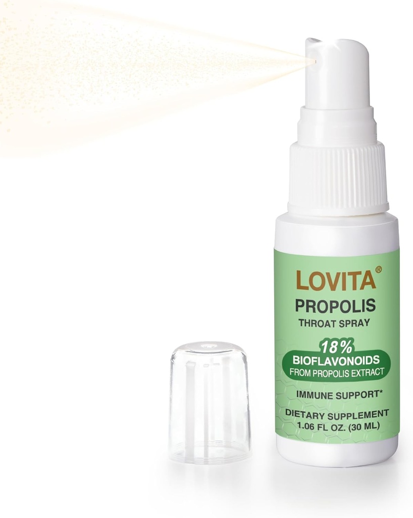 Lovita Bee Propolis Throat Spray, 18% Bioflavonoidid, Alkoholivaba, Immune Support, Kurgu rahustav, Antioksüdant, Õrn maitse, 1 Fl Oz (pakk 1)
