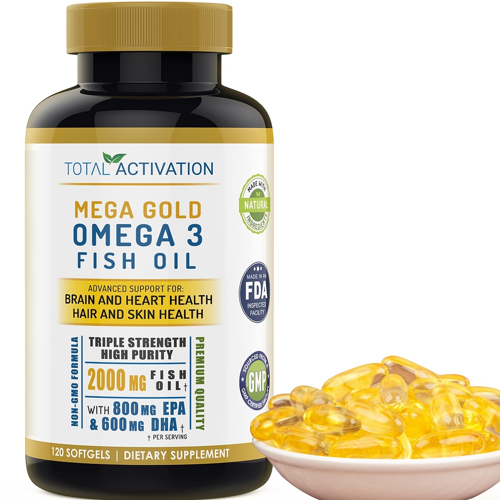 Omega 3 kalaõli täiendus - 2000mg EPA DHA ja E-vitamiiniga - haputu, kolmekordne tugevustoetus meestele ja naistele - 120 lihtsat neelamispehmendust