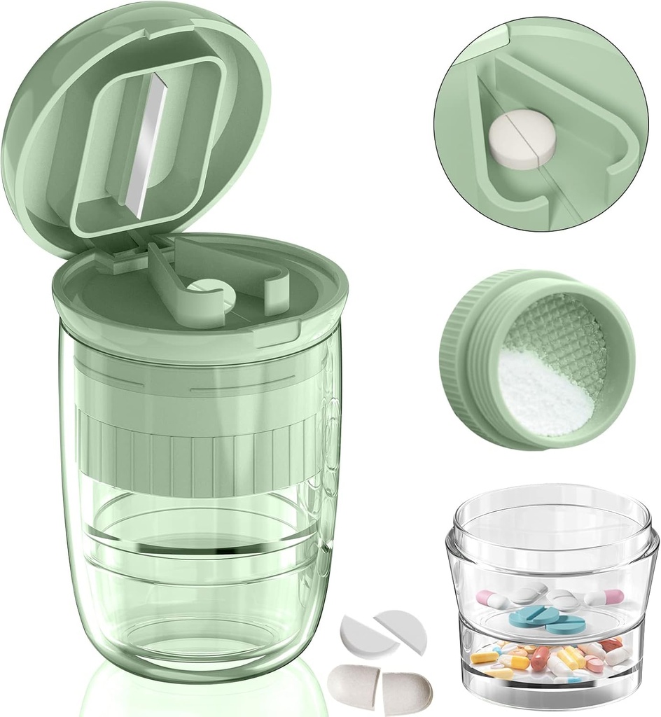 Pill Cutter Splitter koos Dispenser, pillide lõikamine väikestele või suurtele pillidele, purustab pillid, vitamiinid, tabletid, roostevabast terasest plaat, eemaldatav joogikarp (roheline-1)