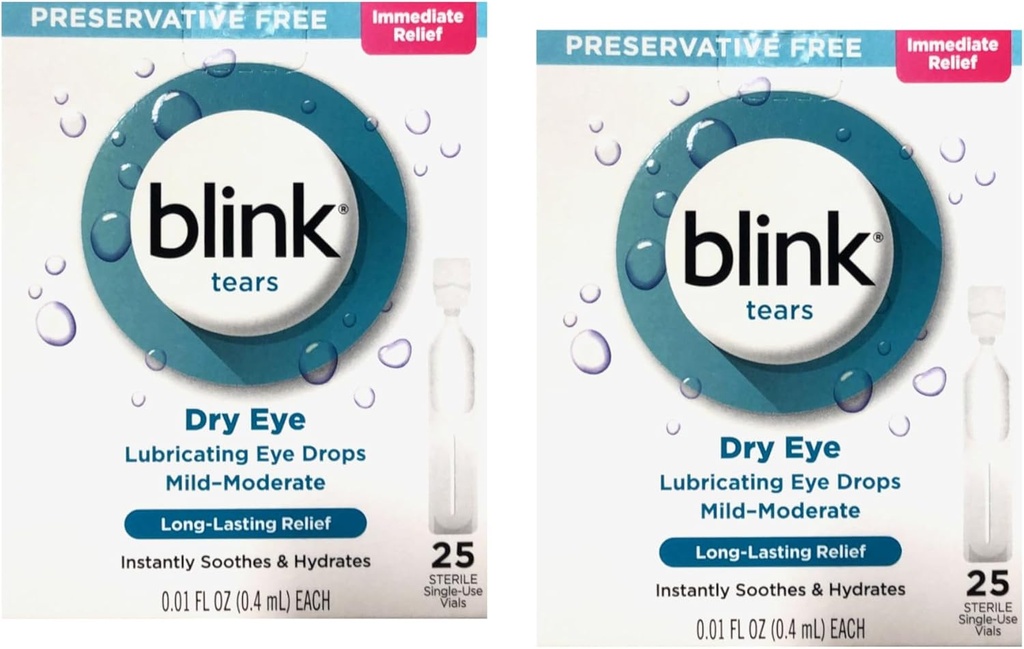 Blink pisarad Preservatiivsed tasuta määrdeainega silmatilgad, kohene ja pikaajaline leevendus kuivadele silmadele, 25 steriilset ühekordselt kasutatavat viaali, 0,01 FL OZ (0,4 ml) igaüks (pakk 2)