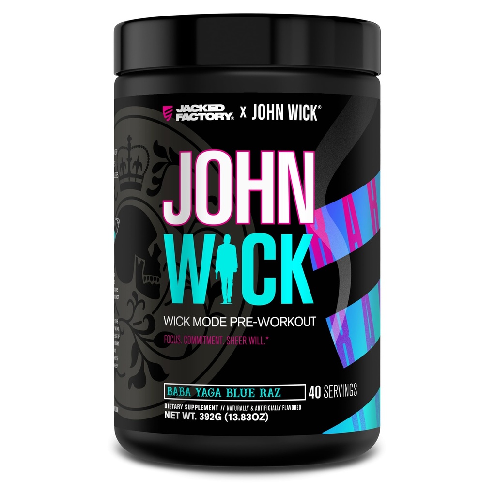 Jacked Factory X John Wick - Wick Mode Pre Workout Powder - Intense Energy, Battle-Ready Focus, Peatamatu pühendumus ja Sheer Will - 40 Servings, Baba Yaga Blue Raz