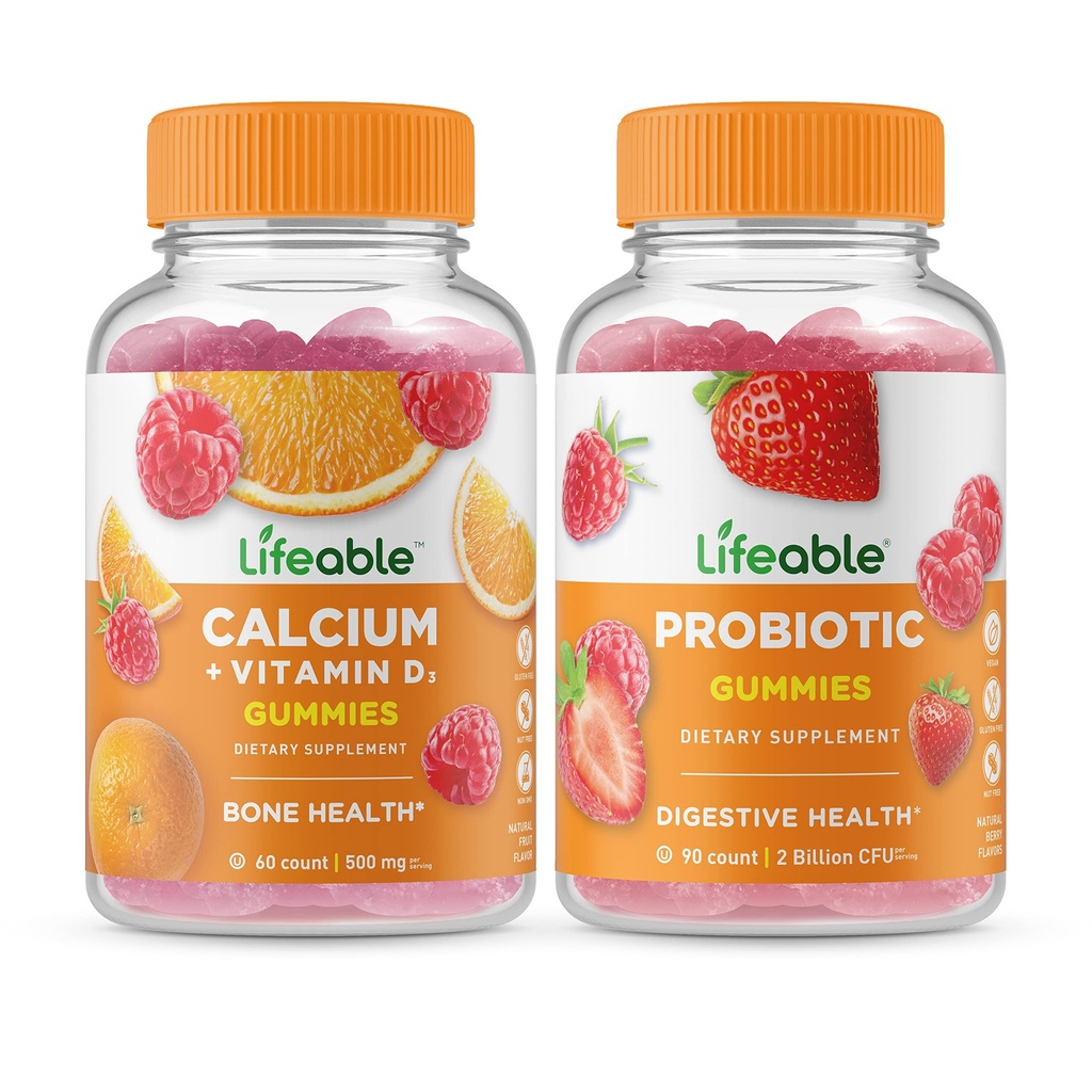 Elujõuline kaltsium D-vitamiini + probiootilise 2 miljardi CFU, Gummies Bundle - suurepärane maitse, vitamiinilisand, Gluteenivaba, GMO-vaba, närimiskõlblik