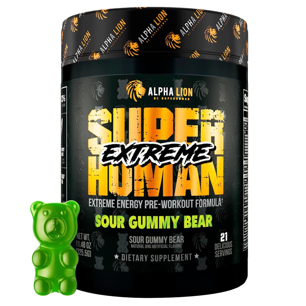 ALPHA LION Superhuman Extreme High Stim Pre Workout Powder, Beta Alanine, L-Taurine & 356mg Tri-Source Kofeiin Jätkusuutliku Energia, Lämmastikoksiidi Ja Tsitrulliin Pumba (21 Servings, Hapu Kummikaru)