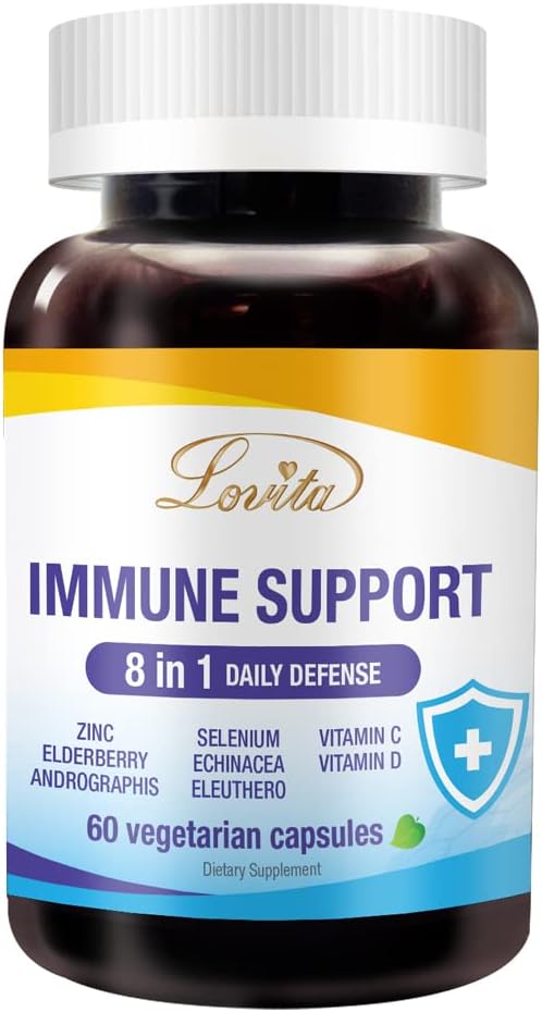 Lovita Immune Support 8 in 1, Elderberry koos tsingi ja C-vitamiiniga, D-vitamiin, Selenium ja Echinacea, Andrographis, Siberi ženšenn - immuunsuse suurendamise täiendus, 60 taimekapslit