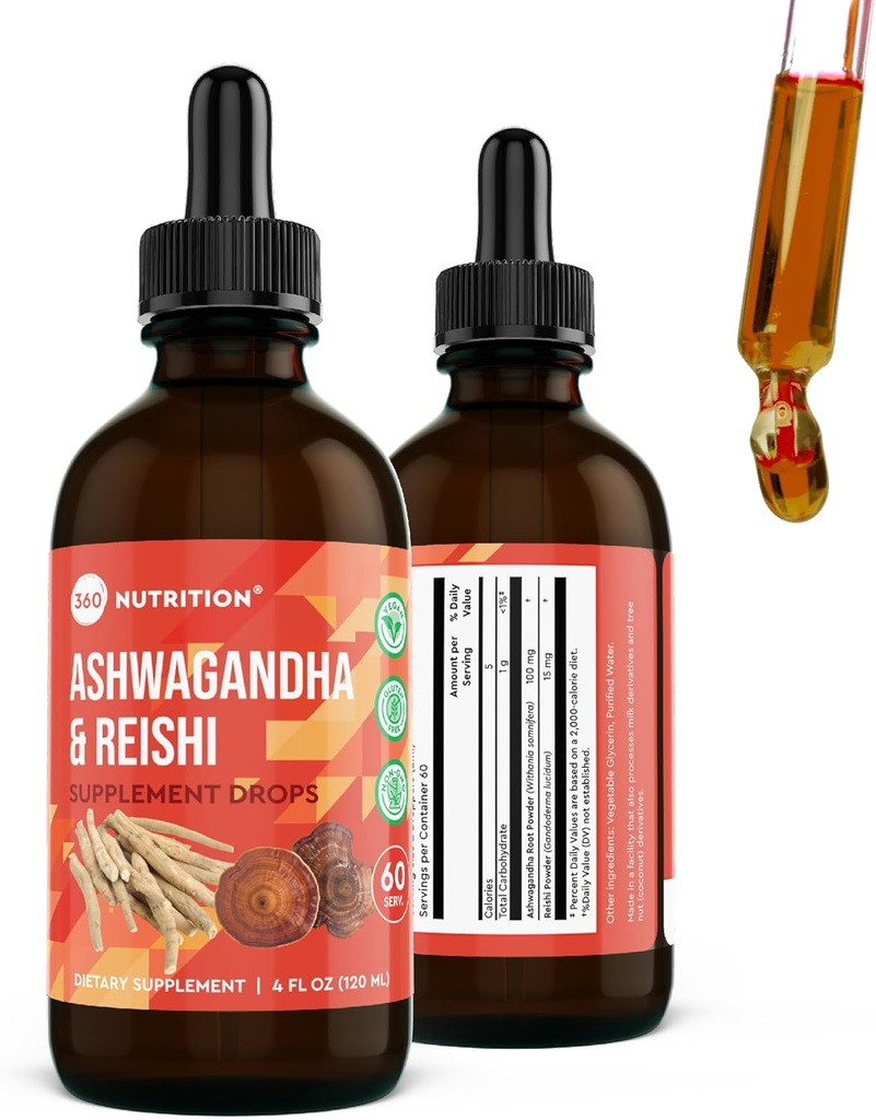 360 Toitumine Ashwagandha & Reishi Juurelisa tilgad stressi leevendamiseks, vastupidavuseks ja pikaealisuseks ning energiatoetuseks - Vegan Non-GMO Adaptogenic - 4 fl oz, 60 Servings