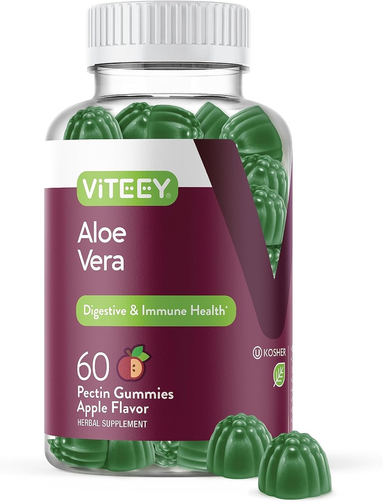 Viteey Aloe Vera Gummies täiskasvanutele - 50mg - Seedetrakti ja immuunsüsteemi tervise abivahendid - Aloe Vera täiendus - Vegan, želatiinivaba, gluteenivaba, GMO-vaba, maitsev närimiskumm