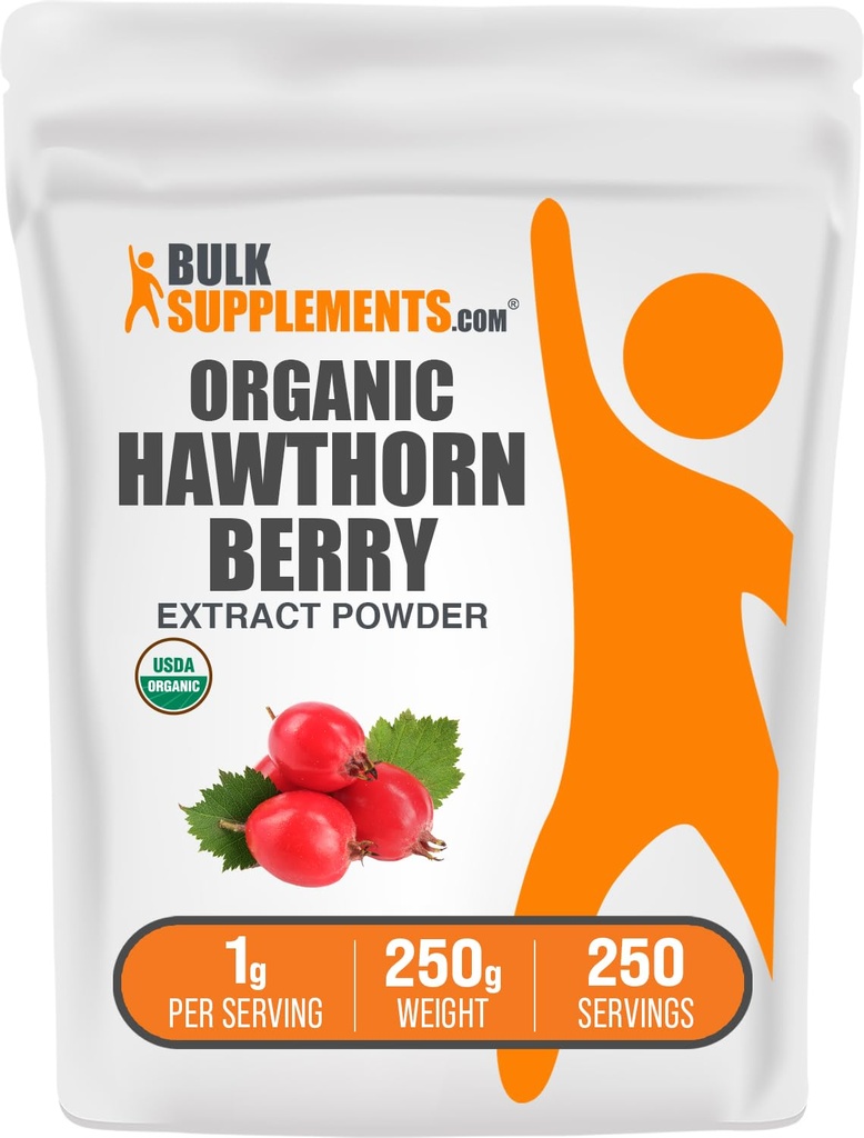 BulkSupplements.com Organic Hawthorn Berry Extract Powder - Hawthorn Berry Supplement - Herbal & Gluten Free, 1 g per Serving, 250 g (8,8 oz) (pakk 1)