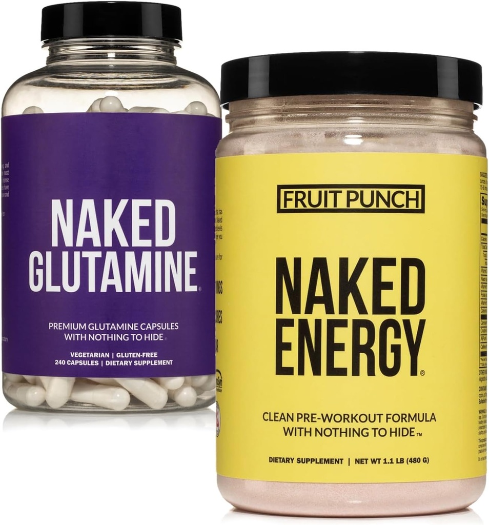 NAKED Vegan Energizing lihaste taastamine Bundle Fruit Punch Energy ja 240 L-Glutamiini kapslid, 1000 mg