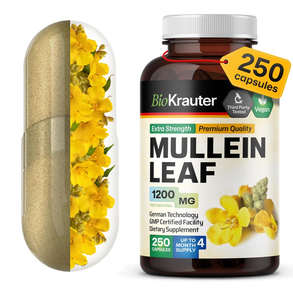 BIO KRAUTER Mullein Kapslid 1200 mg 250 Count - Pure Vegan Mullein Leaf Ekstrakt kopsudele - 125 päeva tarne - Kopsupuhastuse ja hingamise tugilisandid - Ei Täidiseid, Mitte-GMO