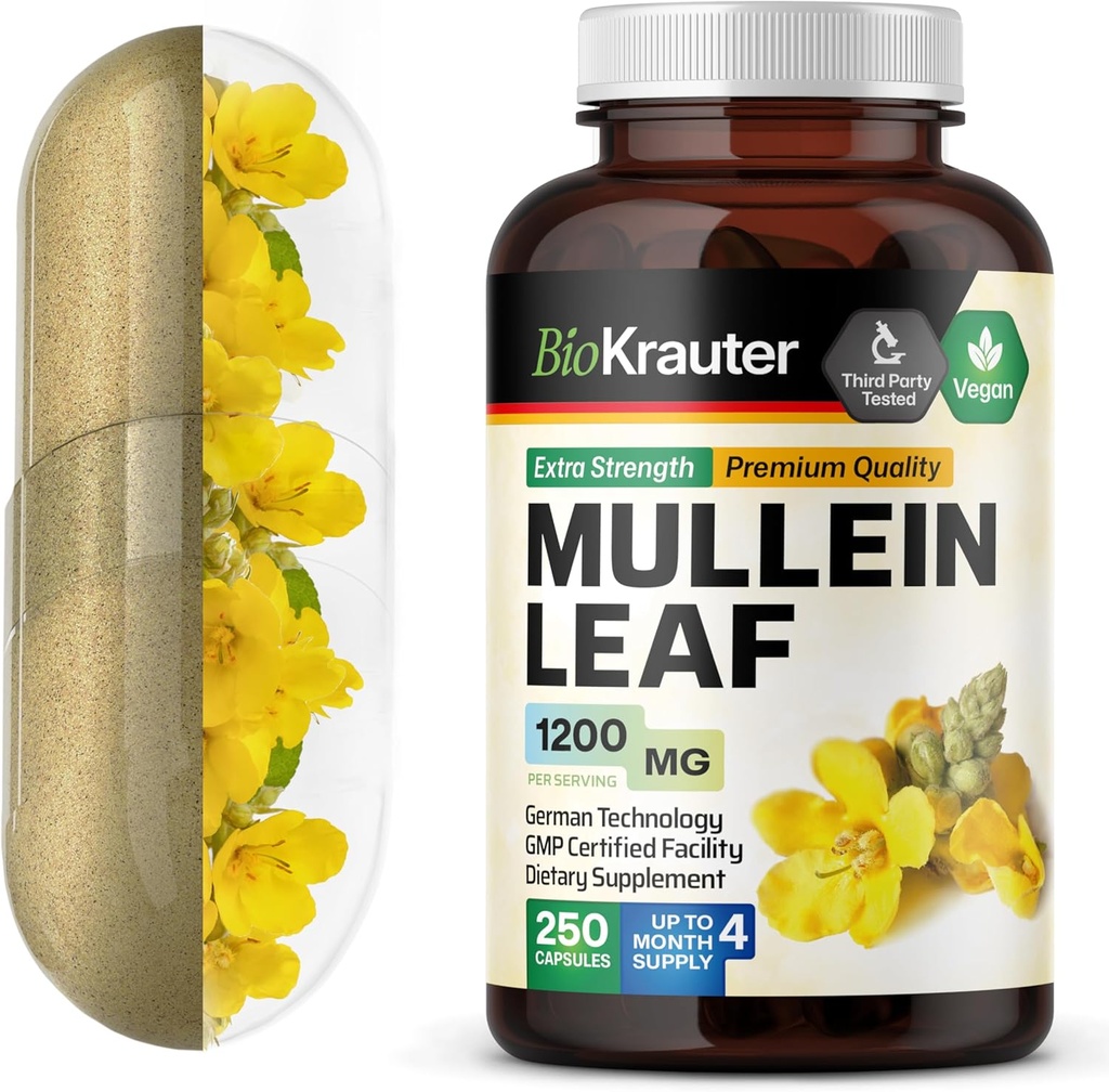 BIO KRAUTER Mullein Kapslid 1200 mg 250 Count - Pure Vegan Mullein Leaf Ekstrakt kopsudele - 125 päeva tarne - Kopsupuhastuse ja hingamise tugilisandid - Ei Täidiseid, Mitte-GMO