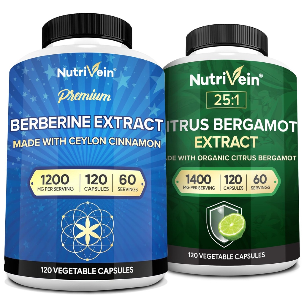 Nutrivein Premium Berberine 1200mg & Citrus Bergamot Extract 1400mg Bundle - Ceylon Cinnamon & 25: 1 Bergamia Extract - Weight Management & Immune Support Plus Heart Health - 120 kapslit Iga