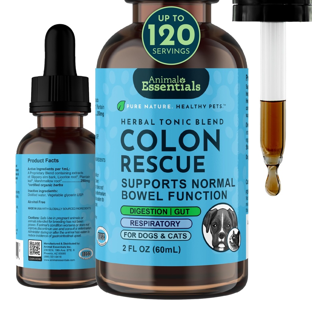 Animal Essentials Colon Rescue - Dog Stool Softener, Organic Slippery Elm Bark, Fast Acting Anti Diarrhea Vedel tilgad koertele ja kassidele, Natural kõhukinnisuse leevendamise täiendus lemmikloomadele - 2 fl oz