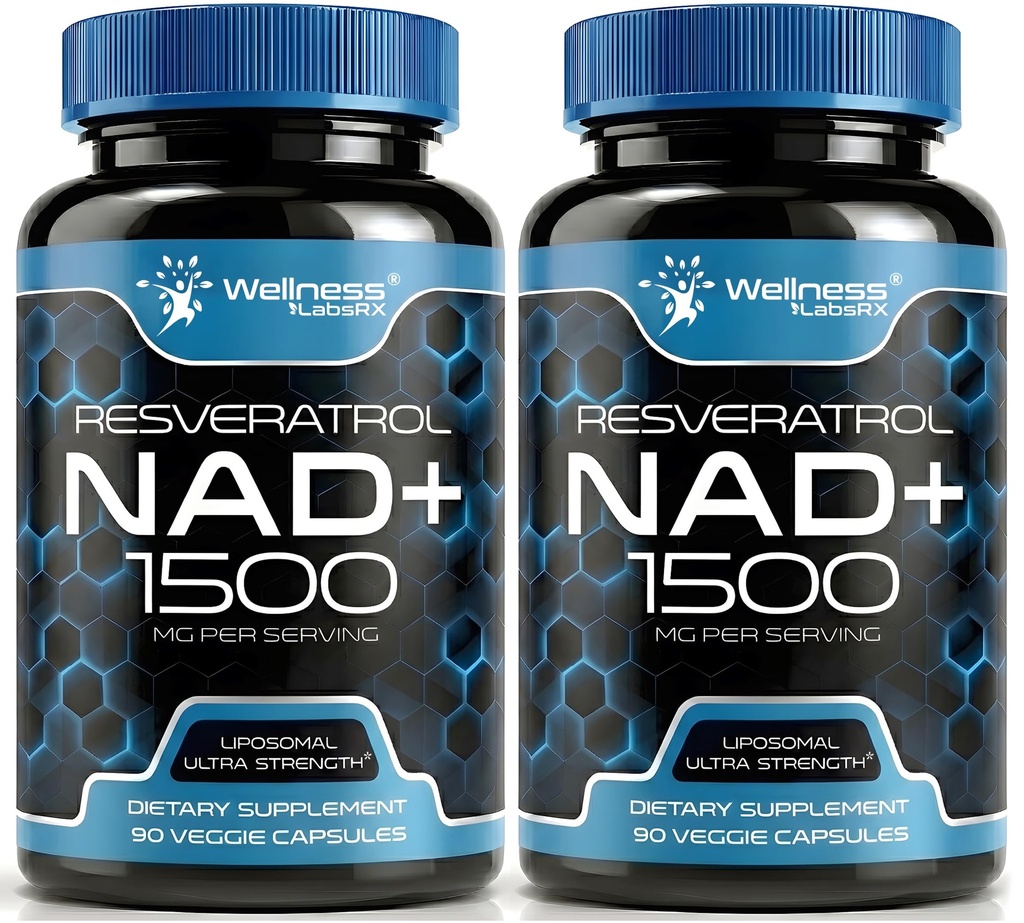 WELLNESS LABSRX NAD Supplement, 1500mg - Liposomal NAD+ Täiendus koos Resveratrooliga, NAD Plus Boosting - raku tervise, vastupidavuse ja tervisliku vananemise toetamine - Ultra tugevuse kapslid, USA Made - 2 Pack