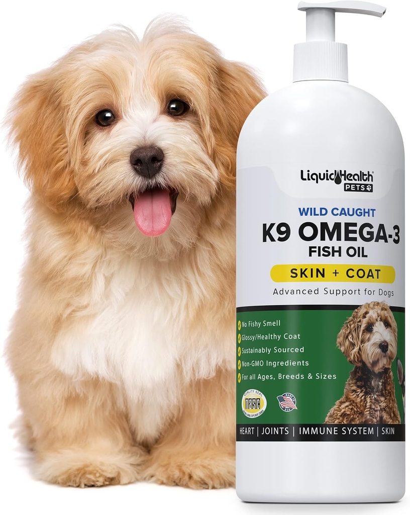 Vedelad tervislikud lemmikloomad K9 Omega 3 kalaõli koertele - Vedel Omega 3 lisand lemmikloomadele EPA + DPA + DHA - Vähendage sügelust ja lamamist, tugiliigeseid, immuunsust, aju ja südame tervist - USA Made (16 oz)