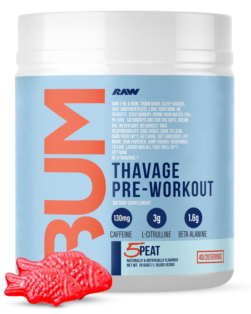 RAW Pre Workout Powder, Thavage (5 turvas, punane kummik) - Chris Bumstead Sport Nutrition Supplement meestele ja naistele - Cbum Pre Treening Out, Hüdratsioon, vaimne fookus ja energia - 40 Servings