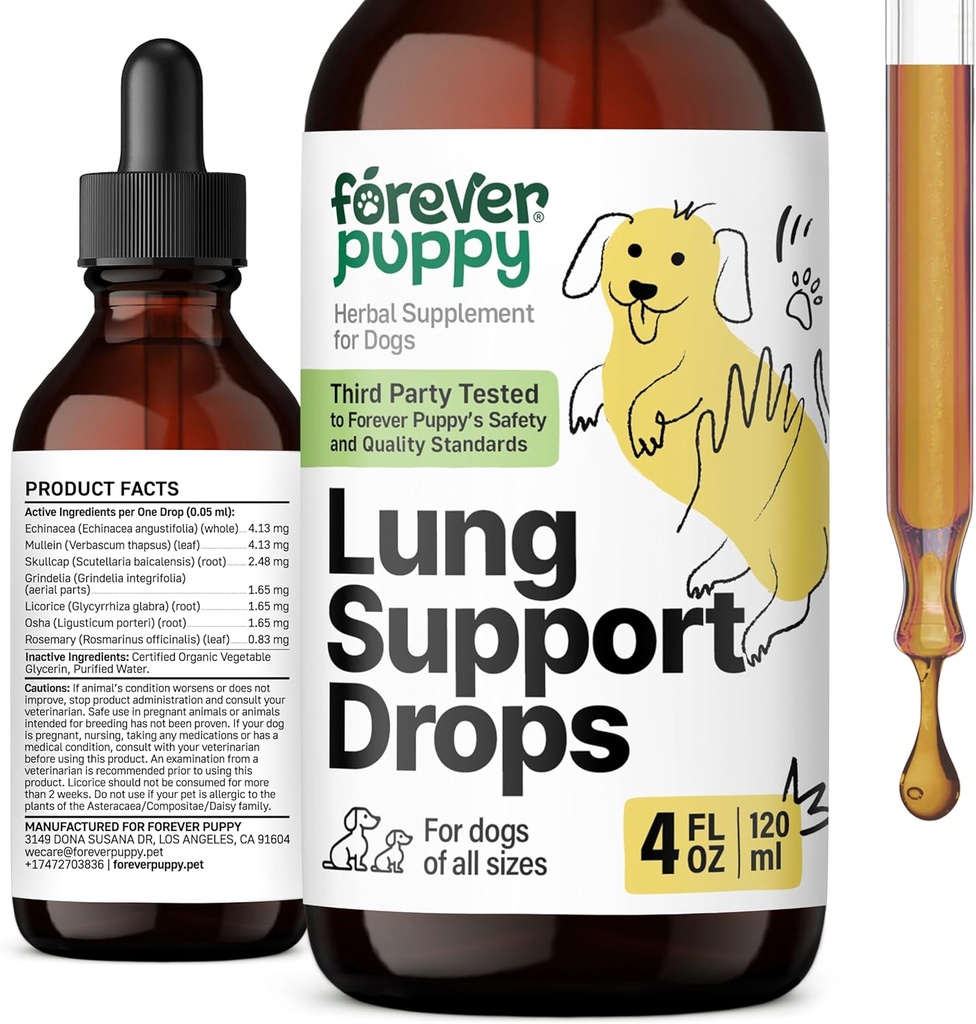 Forever Kutsika Kopsu tugitilgad koertele - Hingamisteede tervise täiendused - Mullein Leaf & Echinacea Herb kopsudele - Vedel koera vitamiinid ja toidulisandid - Suhkur ja alkoholivaba tinktuur - 4 fl oz