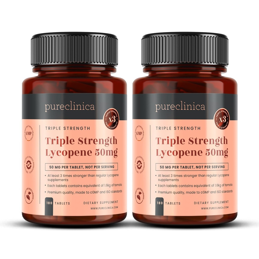 pureclinica Lycopene Supplement 50mg - kõrge tugevusega tomatiekstrakti antioksüdant - 360 tabletti (1 aasta pakkumine) - eesnäärme tervis, süda, silmad ja naha tugi - GMO-vaba
