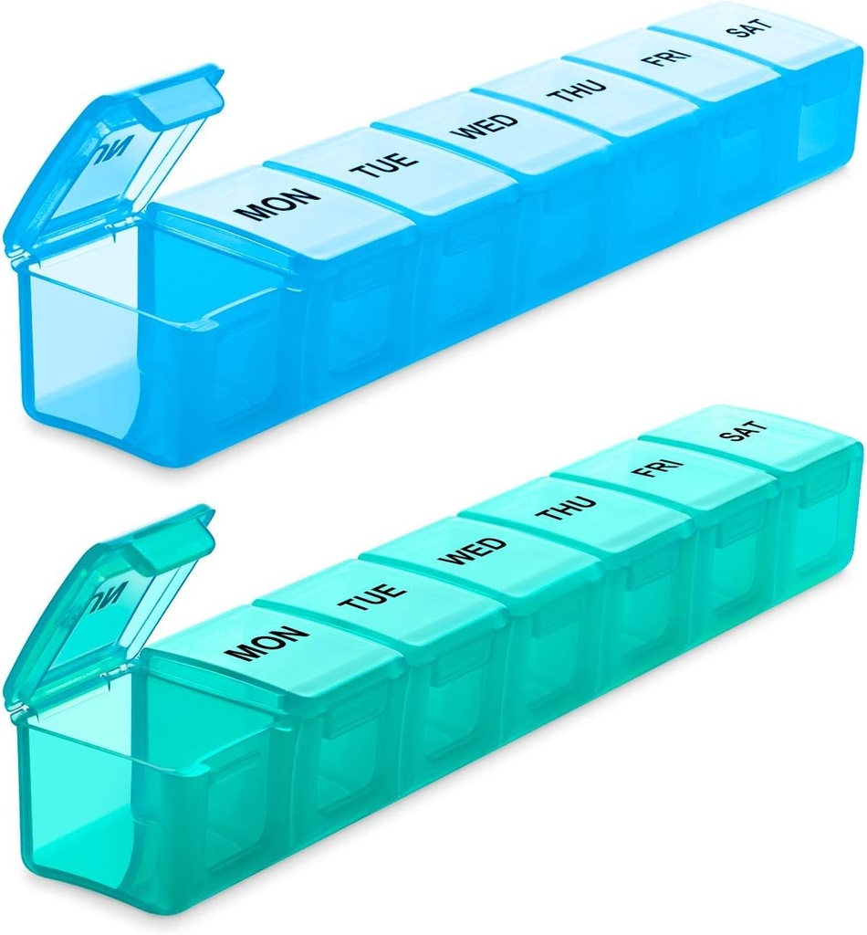 BUG HULL Weekly Pill Korraldaja suured 2 pakendit, ekstra suured reisipillide korraldajad, pillide karp 7 päeva, reisipillide juhtum, ravimite pillide korraldaja vitamiinide, toidulisandite ja ravimite jaoks (sinine + roheline)