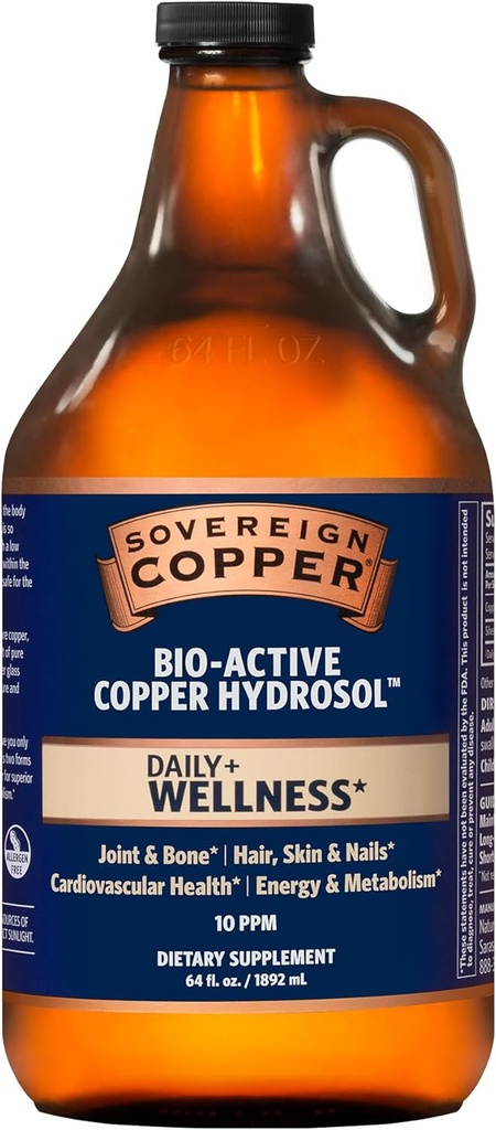 Sovereign Copper Bio-Active Copper Hydrosol, Daily + 4-in-1 Wellness Supplement liigese ja luu *, juuksed, nahk ja küüned *, südame-veresoonkonna tervis * ja energia ja ainevahetuse toetamine *, 64oz