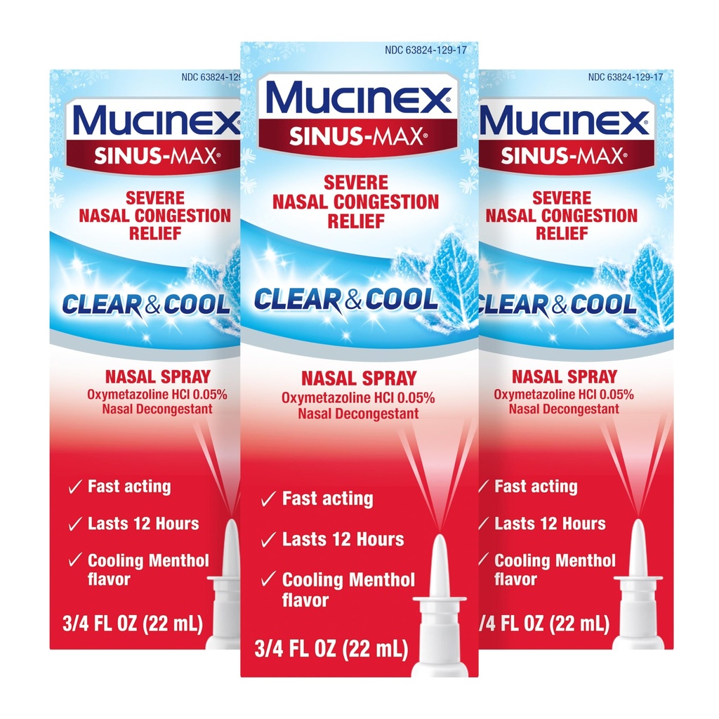 Mucinex Sinus-Max ninasprei dekongestant, 12-tunnine üle-The-Counter Ravimi ninasprei siinuse leevendamiseks, nina dekongestandid täiskasvanutele, jahutav mentool, 0,75 Fl Oz (3. pakk)