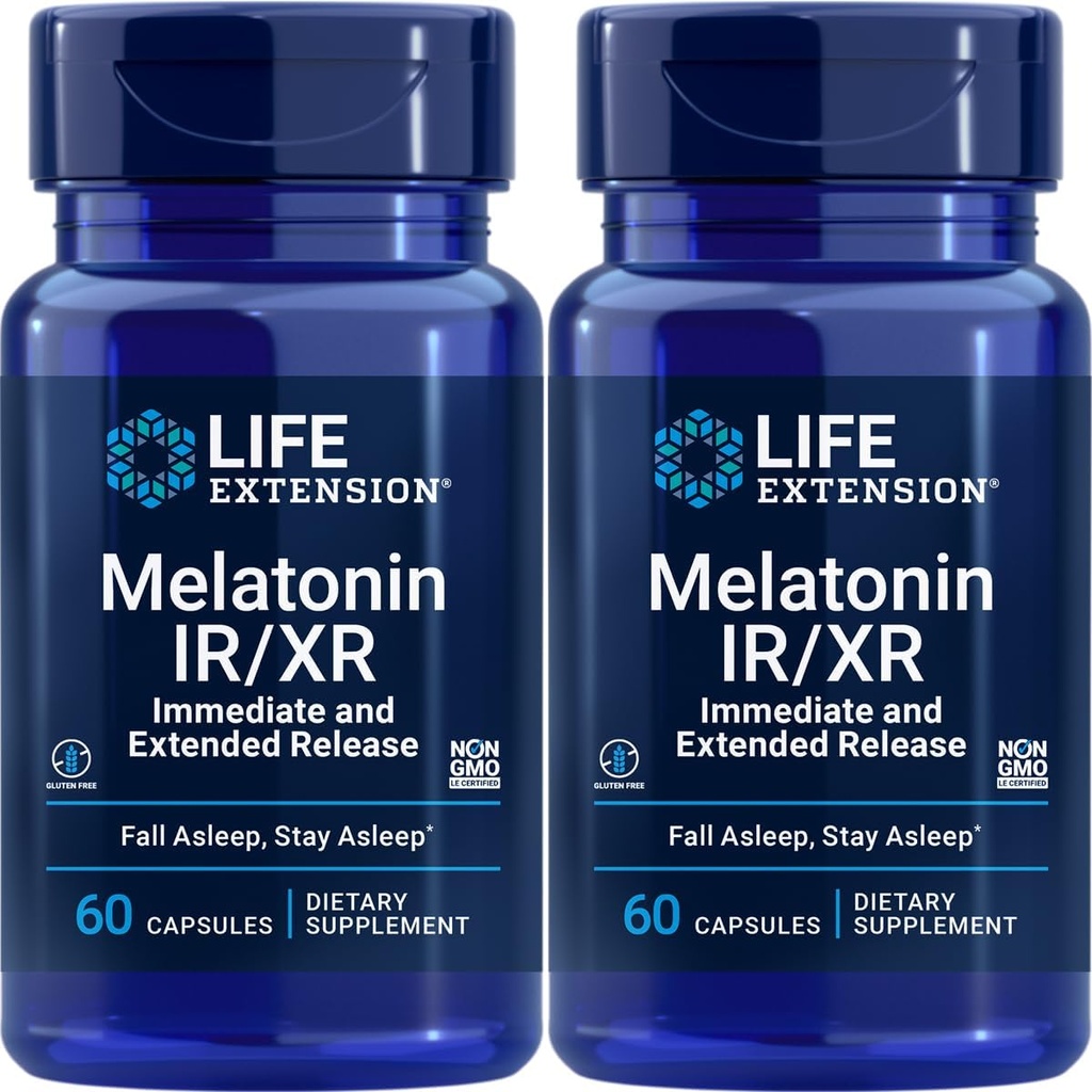 Elu pikendamine Melatoniini IR / XR, 1, 5 mg, kohene ja laiendatud vabastav valem optimaalse une toetamiseks, tervislikud ööpäevased rütmid, rakukaitse, gluteenivaba, mitte-GMO, 2 X 60 kapslit