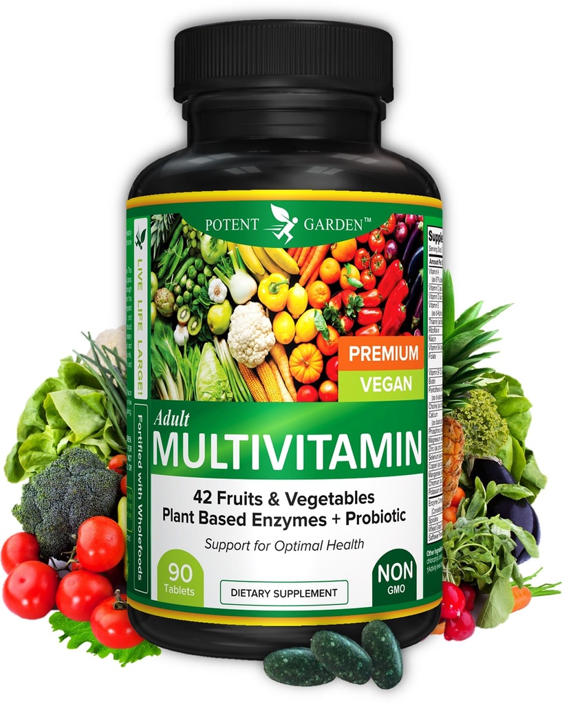 Potent Garden Adult Multivitamiin naistele ja meestele, 42 Puuviljad ja köögiviljad Plus probiootikumid, toetab energia ainevahetust ja immuunsüsteemi, igapäevane multivitamiin meestele ja naistele Mitte-GMO, 90 Tabs, 30 Servings