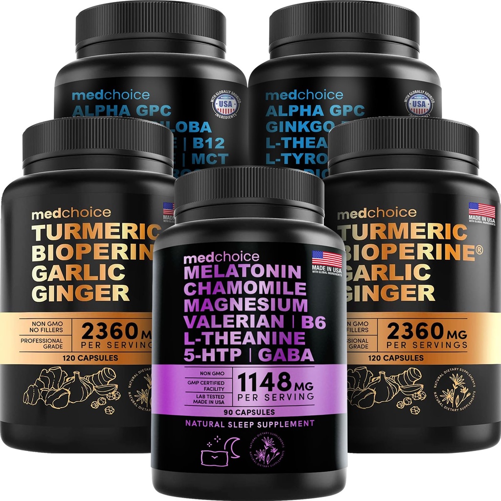 MEDCHOICE Sleep melatoniin (90ct), Turmeric & Ginger (240ct) ja Nootropic Brain (120ct) Supplement Bundle - Wellness Trio aju, une ja immuunsüsteemi tugi - Vegan, mitte-GMO, Gluteenivaba