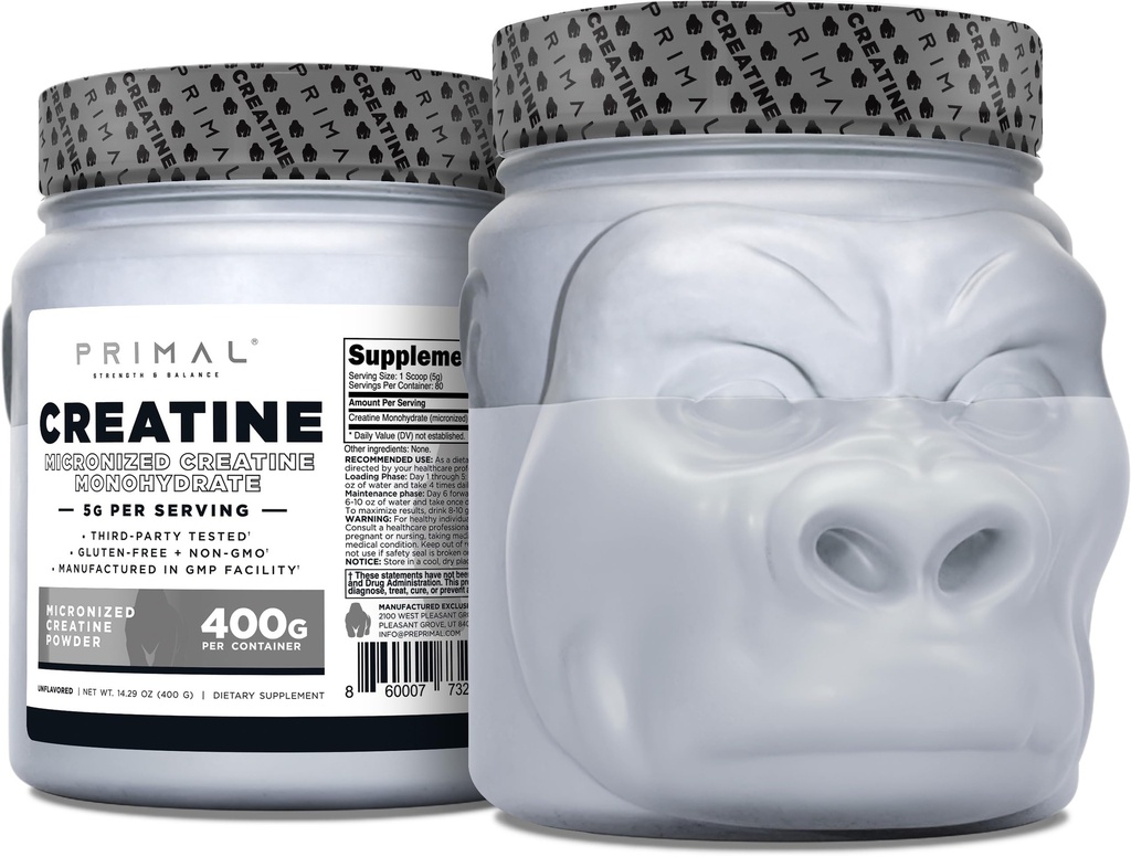 Primaarne kreatiini monohüdraat Pulber (400 Grams) | Maitsestamata mikroniseeritud kreatiini lihaste arendamise täiendus enne treeningut ja taastumist | 5 g kreatiini monohüdraati serveerimise kohta