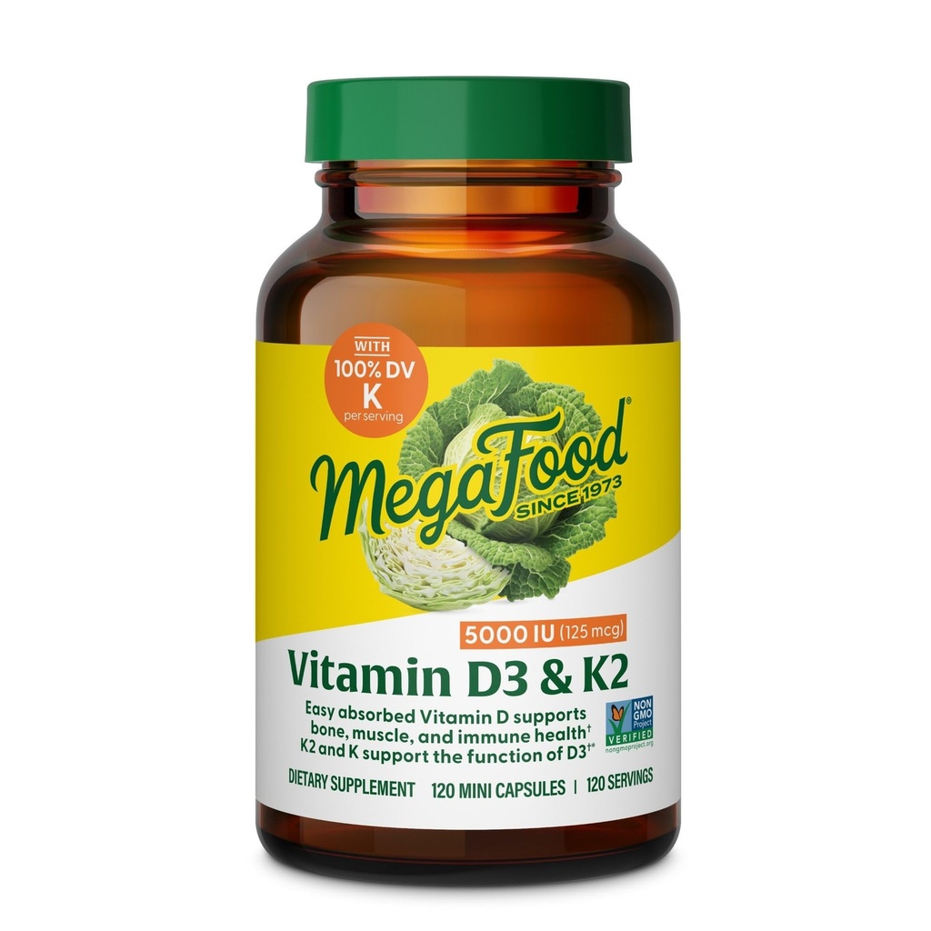 MegaFood Vitamiin D3 5000 RÜ (125 mcg) - Taimetoitlased toidulisandid vitamiin D3 K2 - toetab luud, hambad, lihased ja immuuntervise - Certified Non-GMO - 120 Mini kapslit, 120 Servings