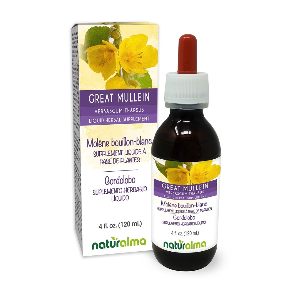 Naturalma Great Mullein või Common Mullein (Verbascum thapsus) Lill ja Leht Alkoholivaba tinktuur - 4 fl oz Vedel ekstrakt tilkadena - Taimne täiendus - Vegan