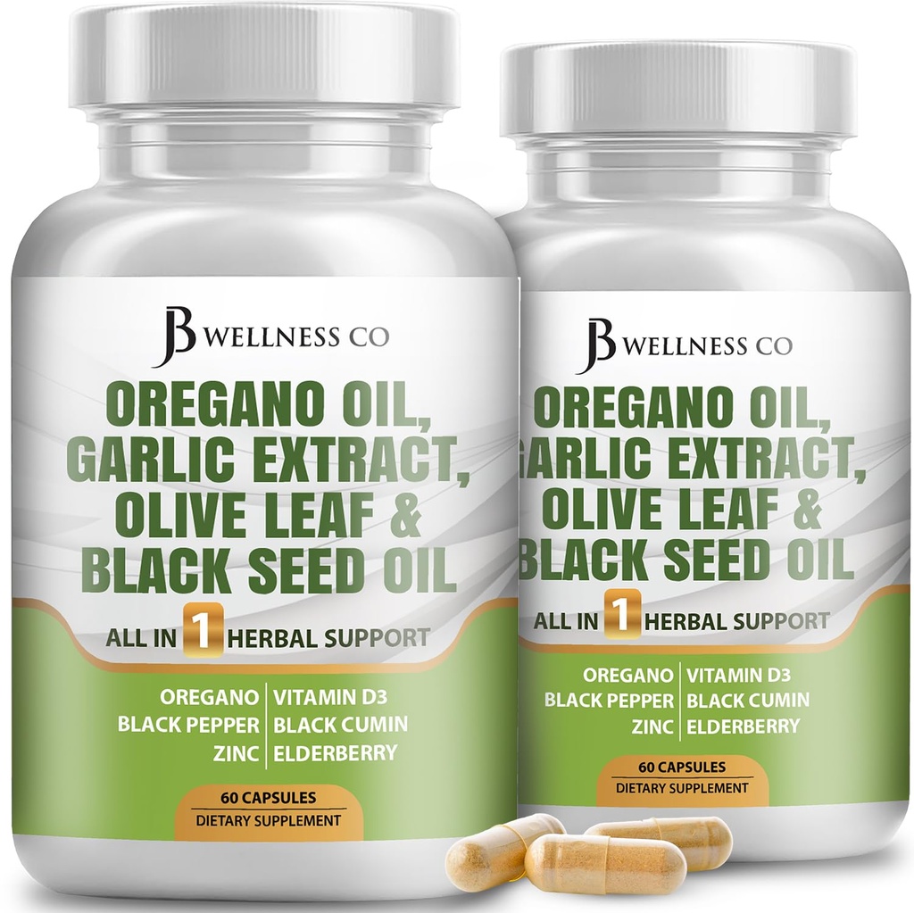 JB Wellness Oregano Oil, Küüslauguekstrakt, Olive Leaf, Astragalus - Immune Support & Seedetrakti Terviselisa naistele ja meestele - 120 Count