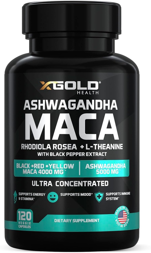 Ashwagandha 5000mg + Maca juur must, punane, kollane 4000mg, Rhodiola & L-Theanine: 30: 1 Ekstrakti Ashwagandha kapslid, 20: 1 Ekstrakti Maca juure kapslid - täiendus meestele ja naistele