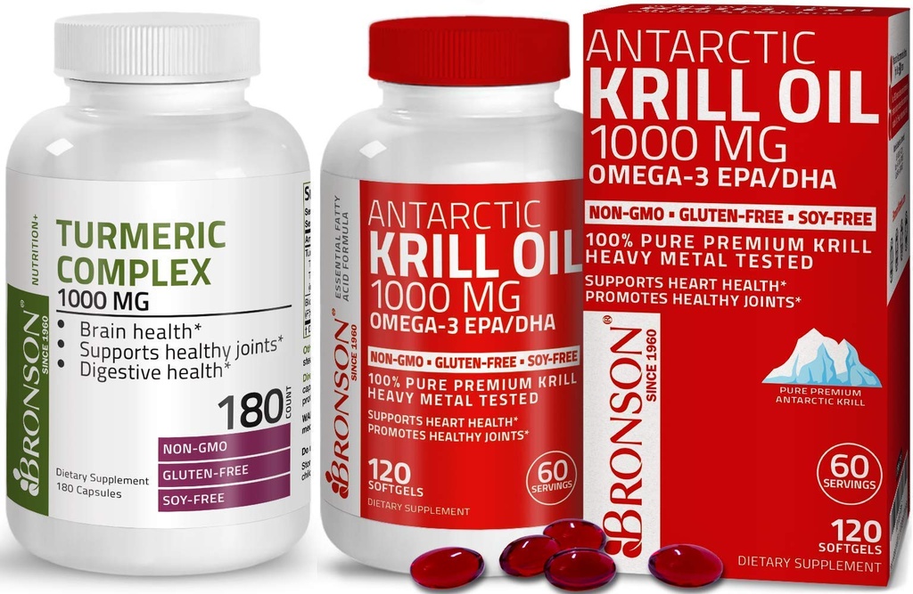 Bronson Turmeric Curcumin with Bioperine High Potency Premium Joint Support + Bronson Antarktika krillõli 1000 mg koos Omega-3s EPA, DHA