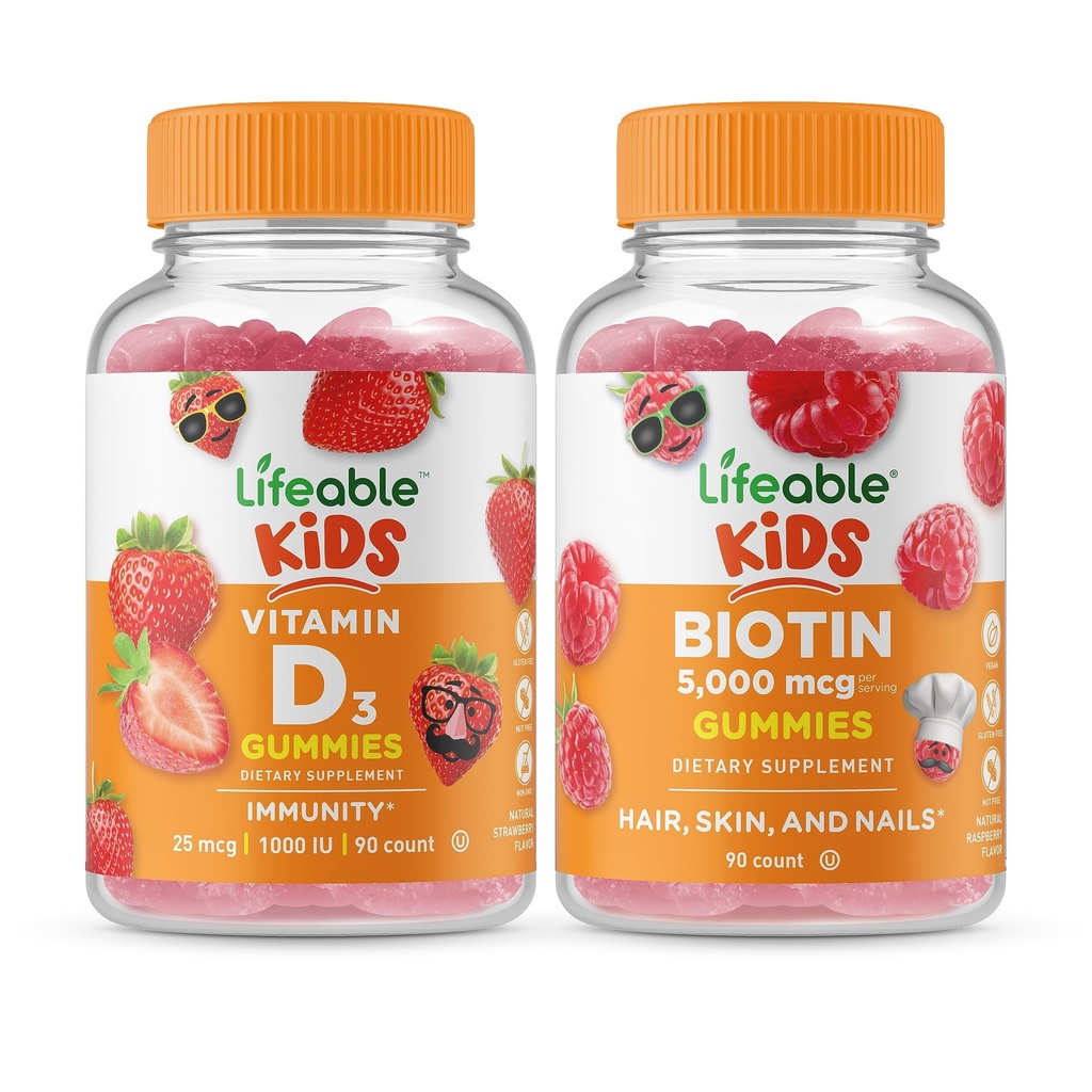 Elujõuline D-vitamiini lapsed + Biotiini lapsed, Gummies Bundle - suurepärane maitse, vitamiinilisand, Gluteenivaba, GMO-vaba, närimiskumm