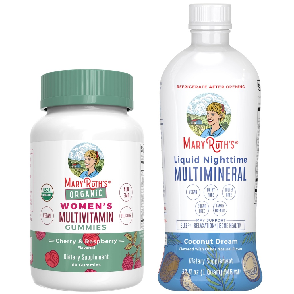 MaryRuthi multivitamiini Gummies naistele (kirss ja vaarika) & Vedel öine multimineraalne kookospähkli (32oz) | Clean Label Project Verified® | Vegan | Ilu, magamaminek rutiinne ja üldine tervis