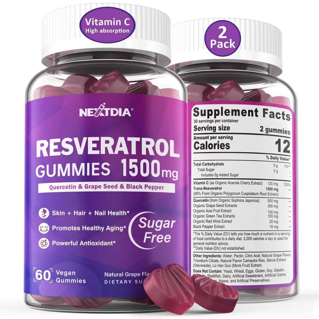 Resveratrooli lisa 1500mg - Resveratrol Gummies toetab NAD+, NMN & NMNH sünergiat, kvertsetiini, viinamarjaseemne, Acai marjade ekstraktid antioksüdandi, tervisliku vananemise ja pikaealisuse, naha, aju - 2Pcs