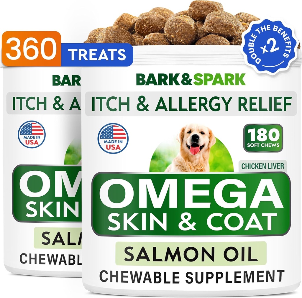 BARK & SPARK (Pakk 2 Omega 3 koertele - 360 kalaõli närimist koertele, nahaallergia, naha leevendus, kuumad kohad ravi - ühine tervis - naha ja karva täiendus - EPA & DHA Rasvhapped